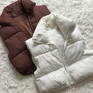 Brown and White Puffer Vests